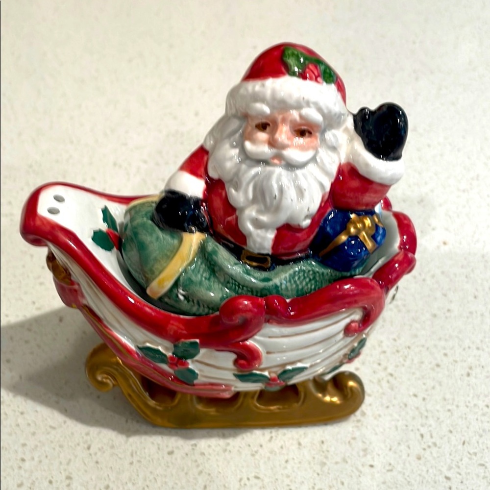 Fitz and Floyd - Festive Santa Sleigh Salt and Pepper from 1993.